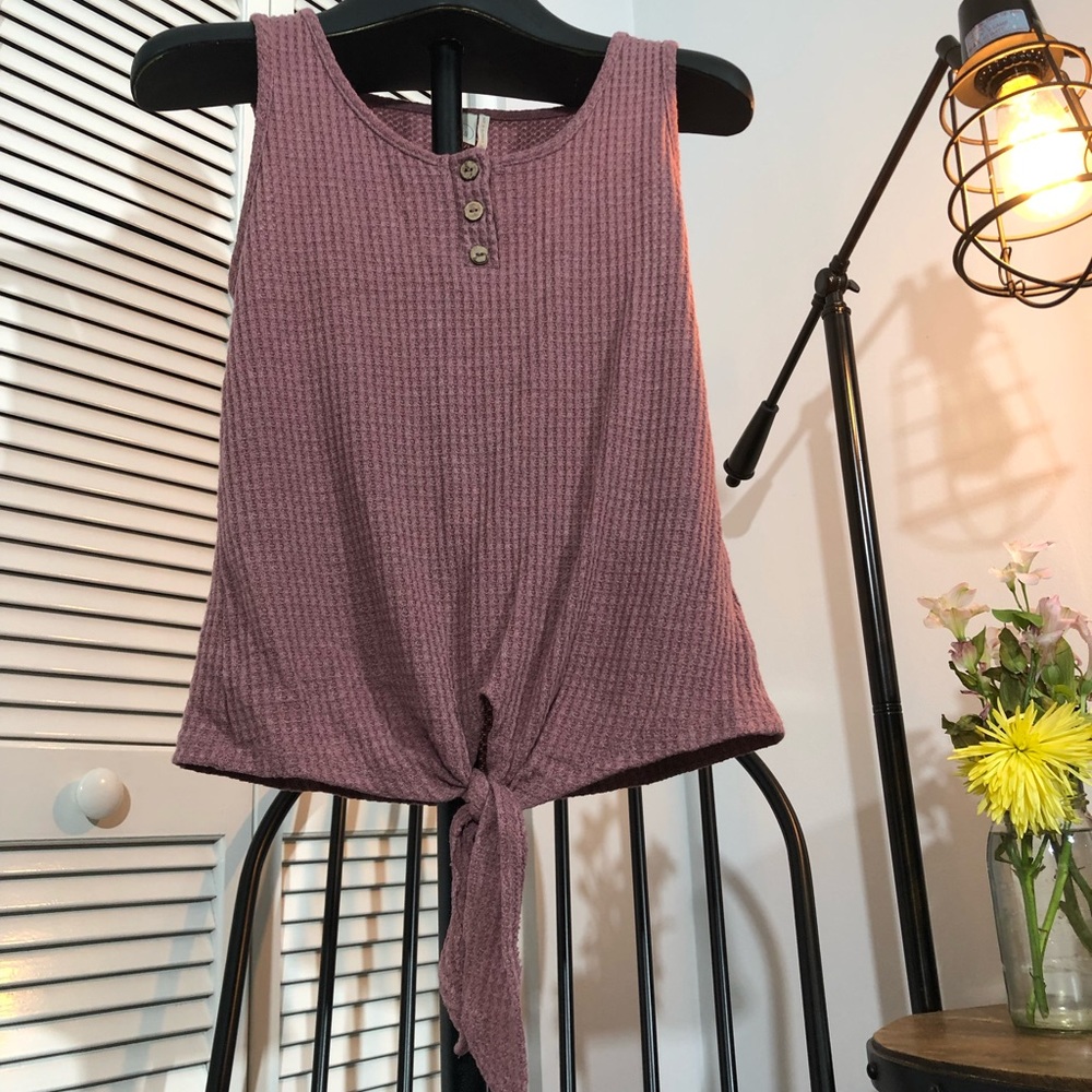 Sugar Crane waffle knit tie front tank